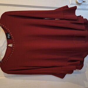 NWT BEIGE by ECI Burgundy Slightly Scoop Gold Accent Neck Flare Sleeve Blouse L